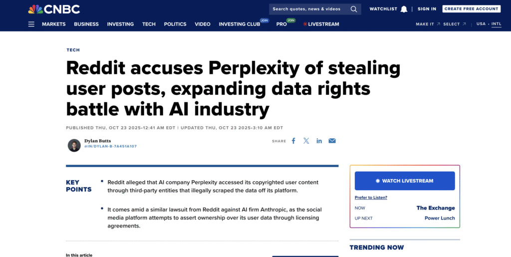 CNBC Reddit against Perplexity