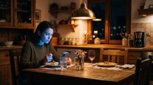 Fotografía cinematográfica, 16:9. Una persona sola cena de noche en una cocina cálida, iluminada casi solo por la luz azulada del móvil apoyado en un vaso frente a ella. Al otro lado de la mesa, una silla vacía con un plato servido que nadie ha tocado. Contraste entre la luz cálida de la lámpara y el azul frío de la pantalla. Tono sereno, algo melancólico. Sin texto, sin logotipos.