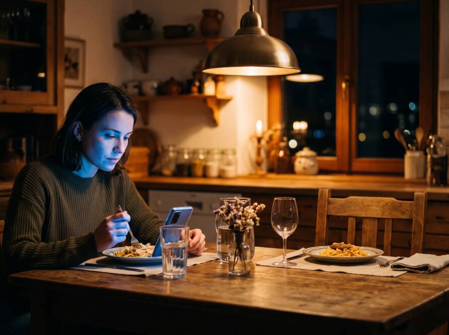 Fotografía cinematográfica, 16:9. Una persona sola cena de noche en una cocina cálida, iluminada casi solo por la luz azulada del móvil apoyado en un vaso frente a ella. Al otro lado de la mesa, una silla vacía con un plato servido que nadie ha tocado. Contraste entre la luz cálida de la lámpara y el azul frío de la pantalla. Tono sereno, algo melancólico. Sin texto, sin logotipos.
